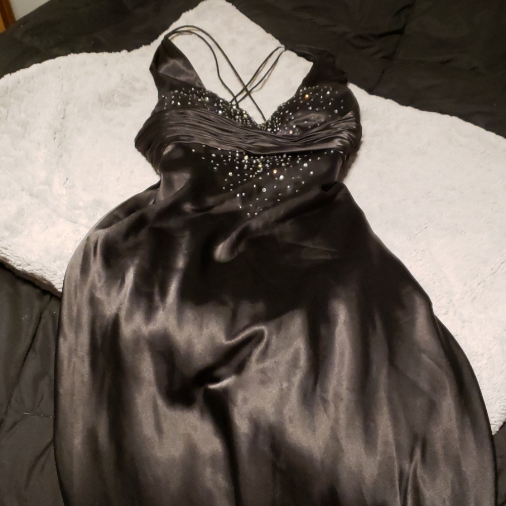 Custom black silky floor length prom or hoco dress